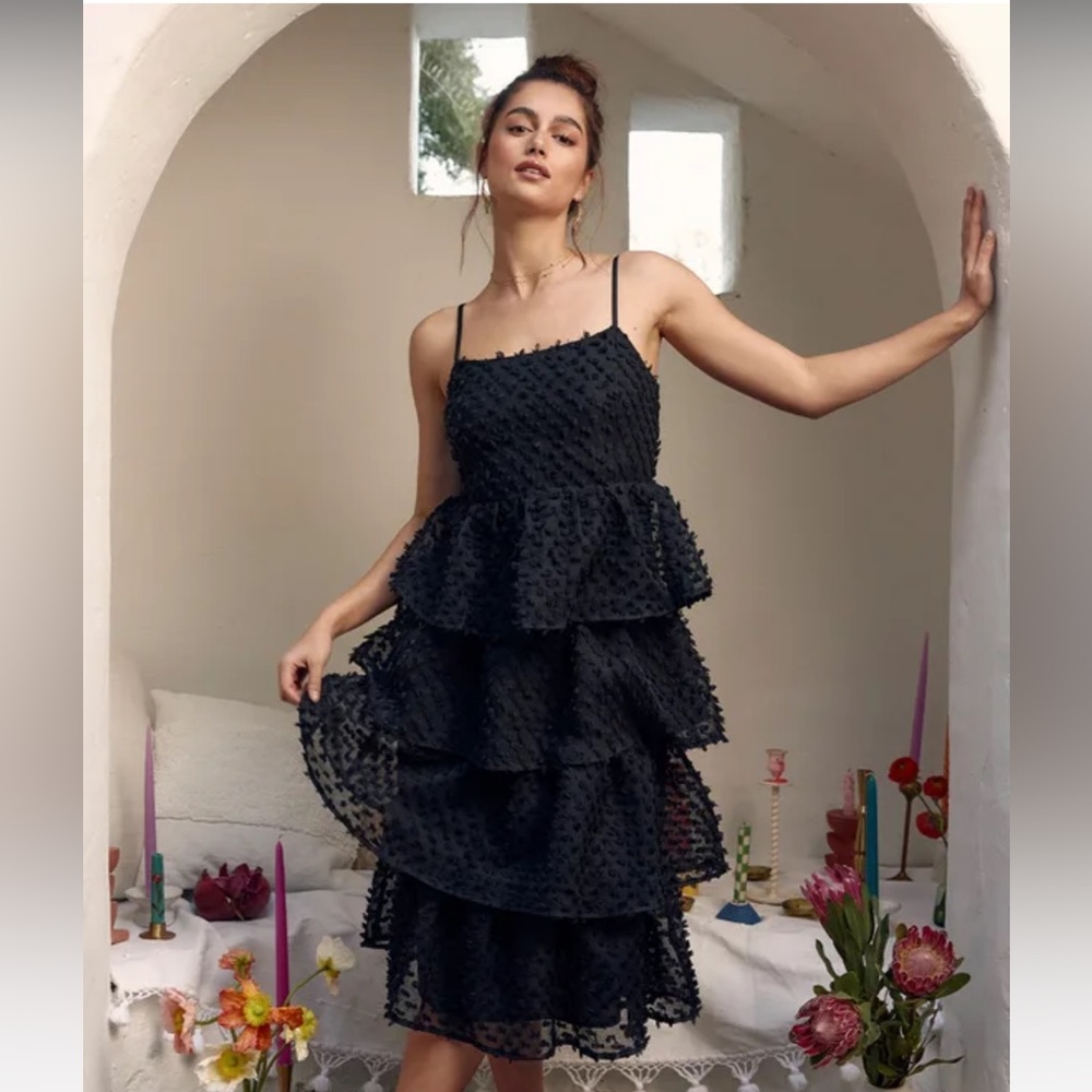 Lulus Flirting with you black tiered Pom Pom midi dress